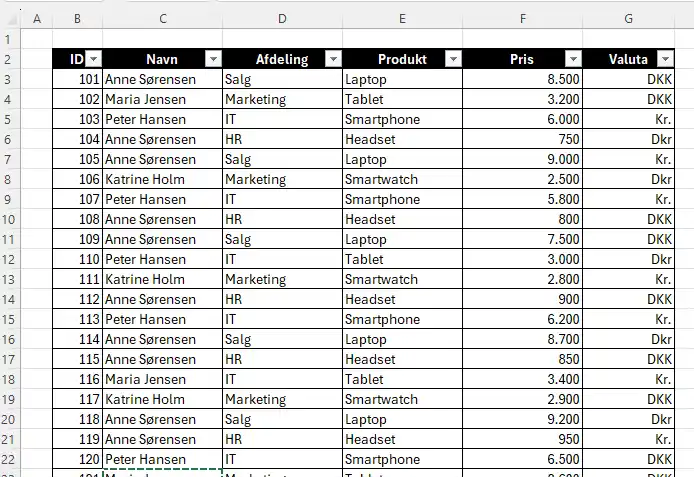 Søg og erstat tabel i Excel