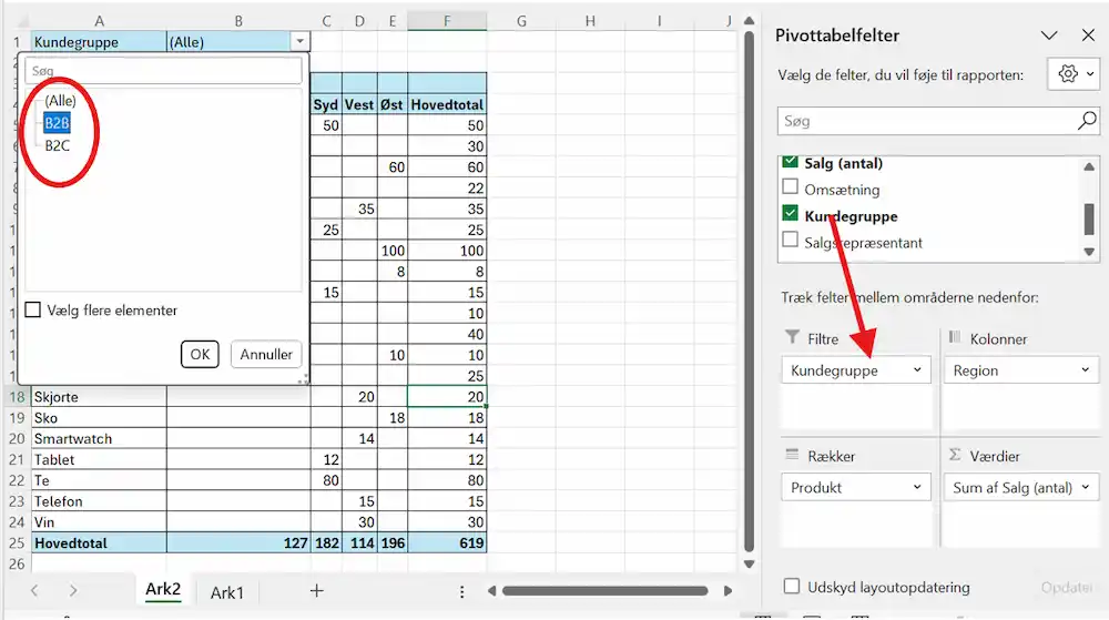 Brug af filtre i pivottabel