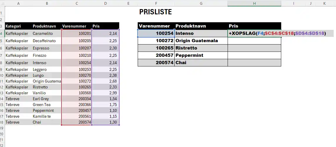 Formel til XOPSLAG for pris