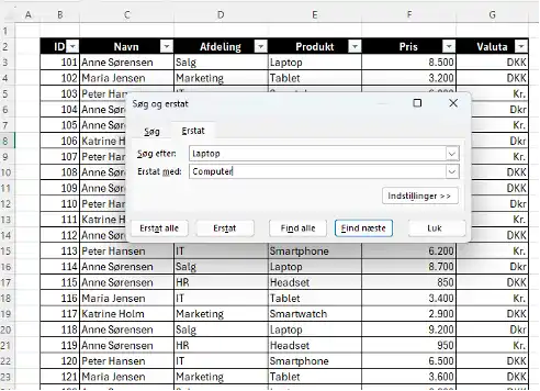 Søg og erstat i Excel