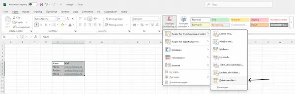 Betinget formatering til at finde dubletter