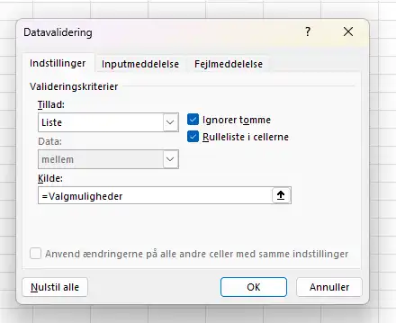Opret drop down menu i excel