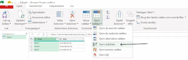 Fjern dubletter med Power Query